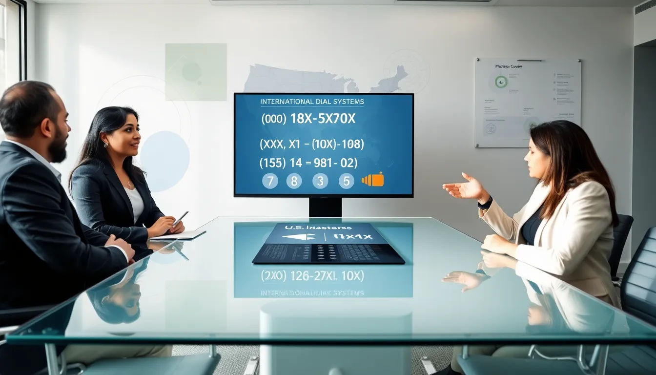 diverse team discussing phone number formats in a modern office.