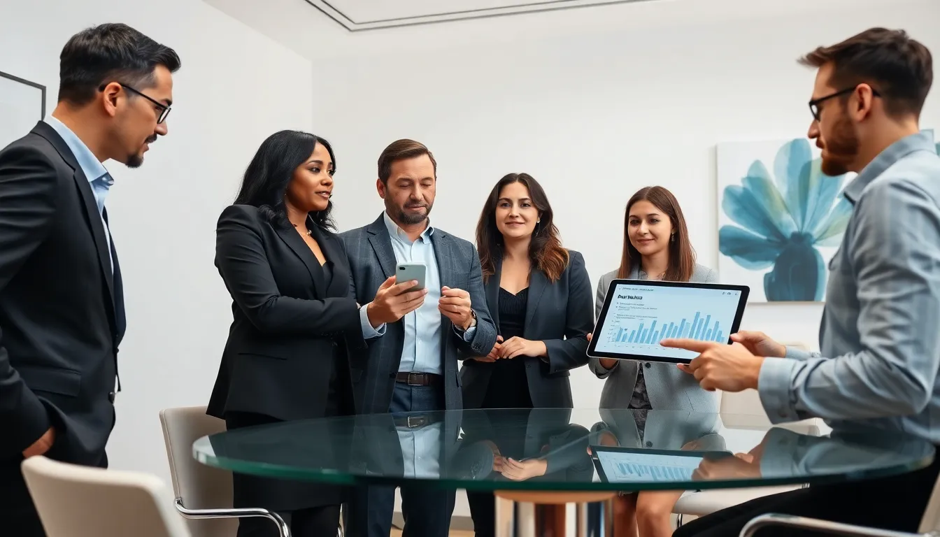 diverse team discussing phone communication in a modern office.