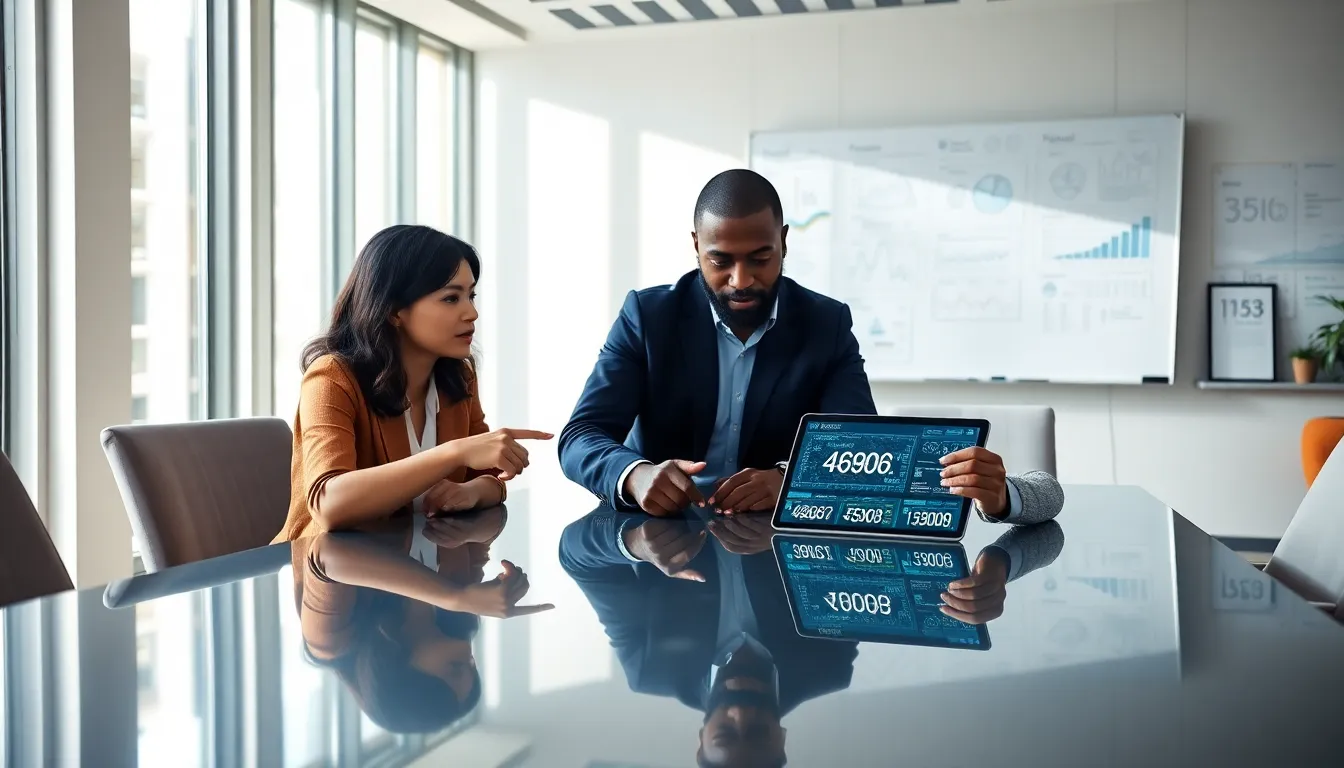 diverse team discussing numerical data in a modern office.
