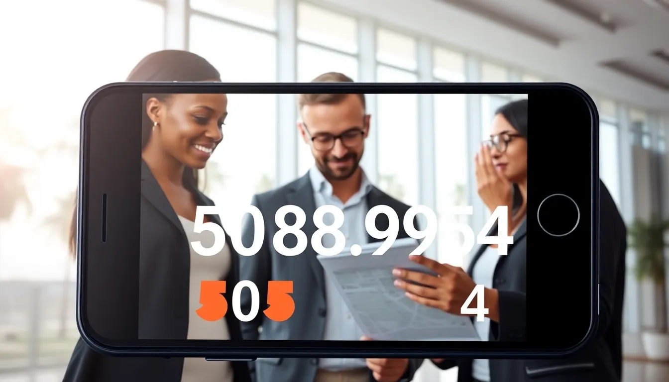 smartphone displaying the phone number 305-508-9854 in a modern office.